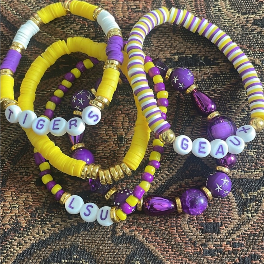 Purple and Yellow LSU Beaded Bracelet Set